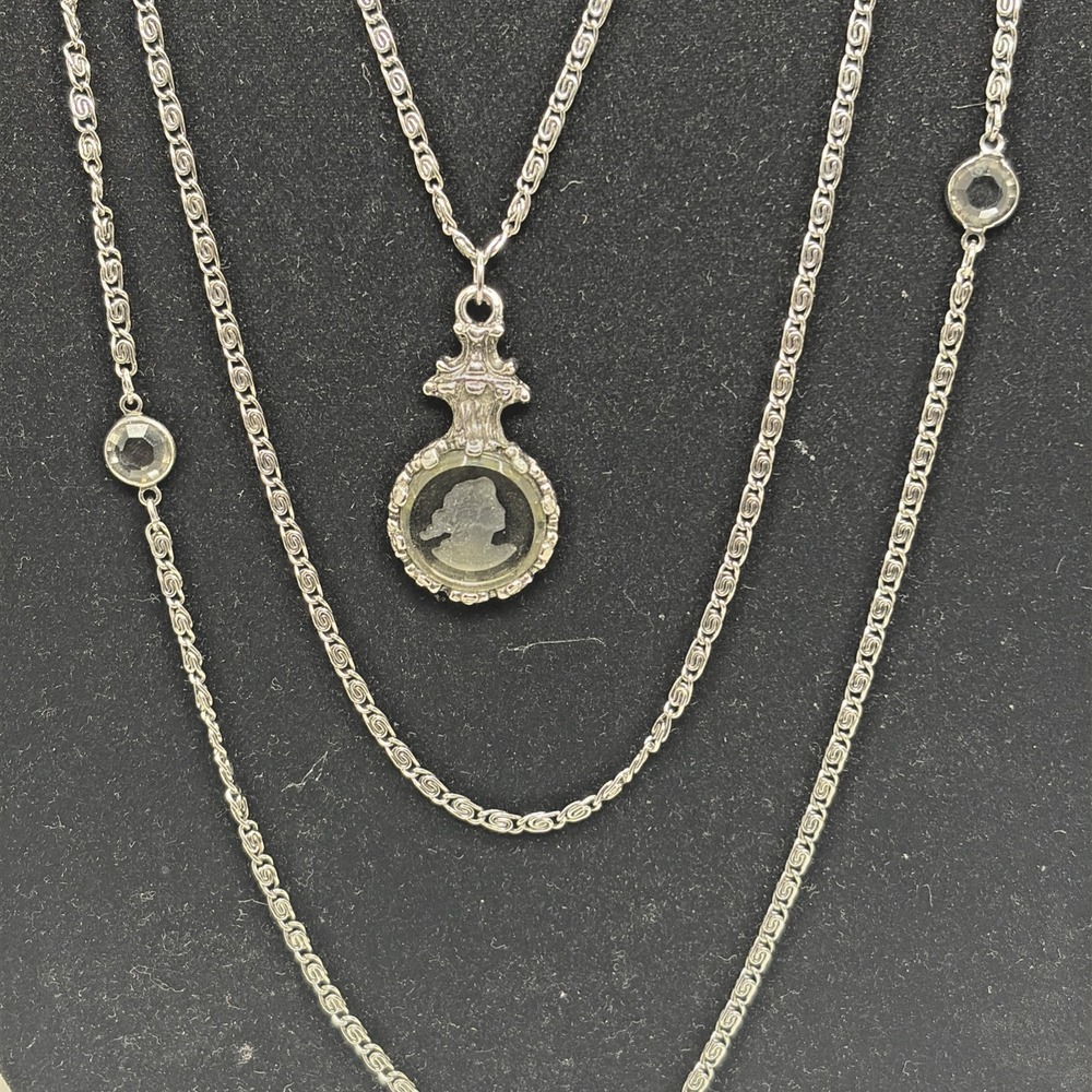 Vintage Goldette Silver Tone Intaglio Cameo 3 Strand Necklace Gray Glass 18"
